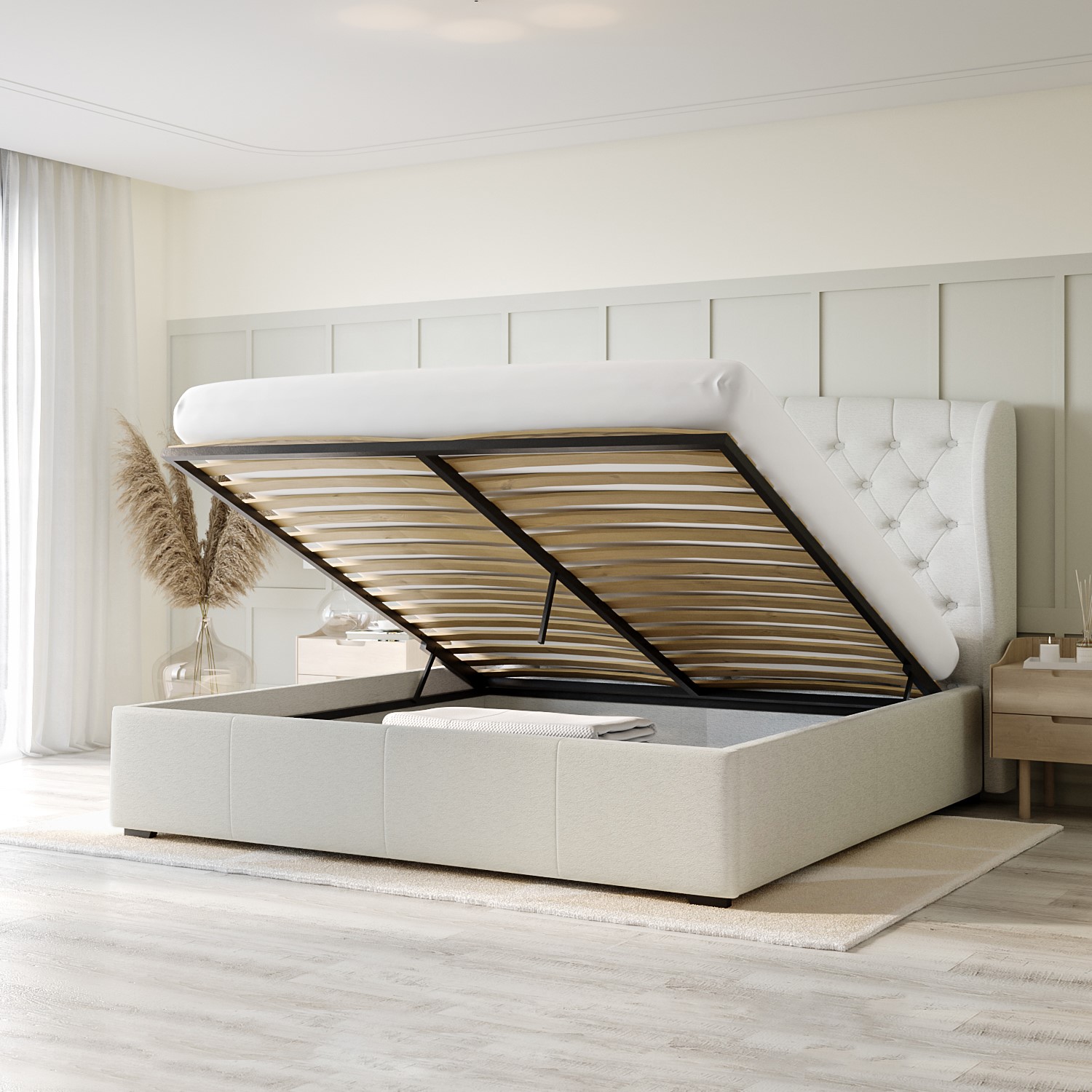 Read more about Cream fabric super king ottoman bed with winged headboard safina